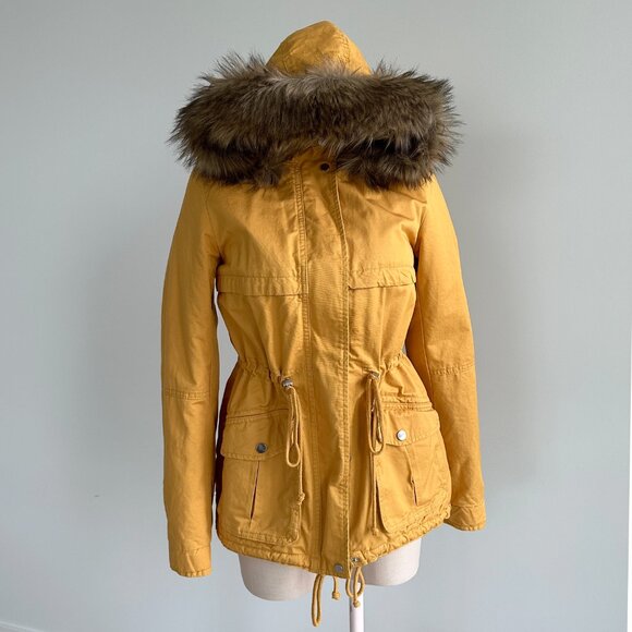NEW Parka Jacket Yellow Womans Size 4 Teddy Bear Lined Drawstring Full Zip - Picture 1 of 12
